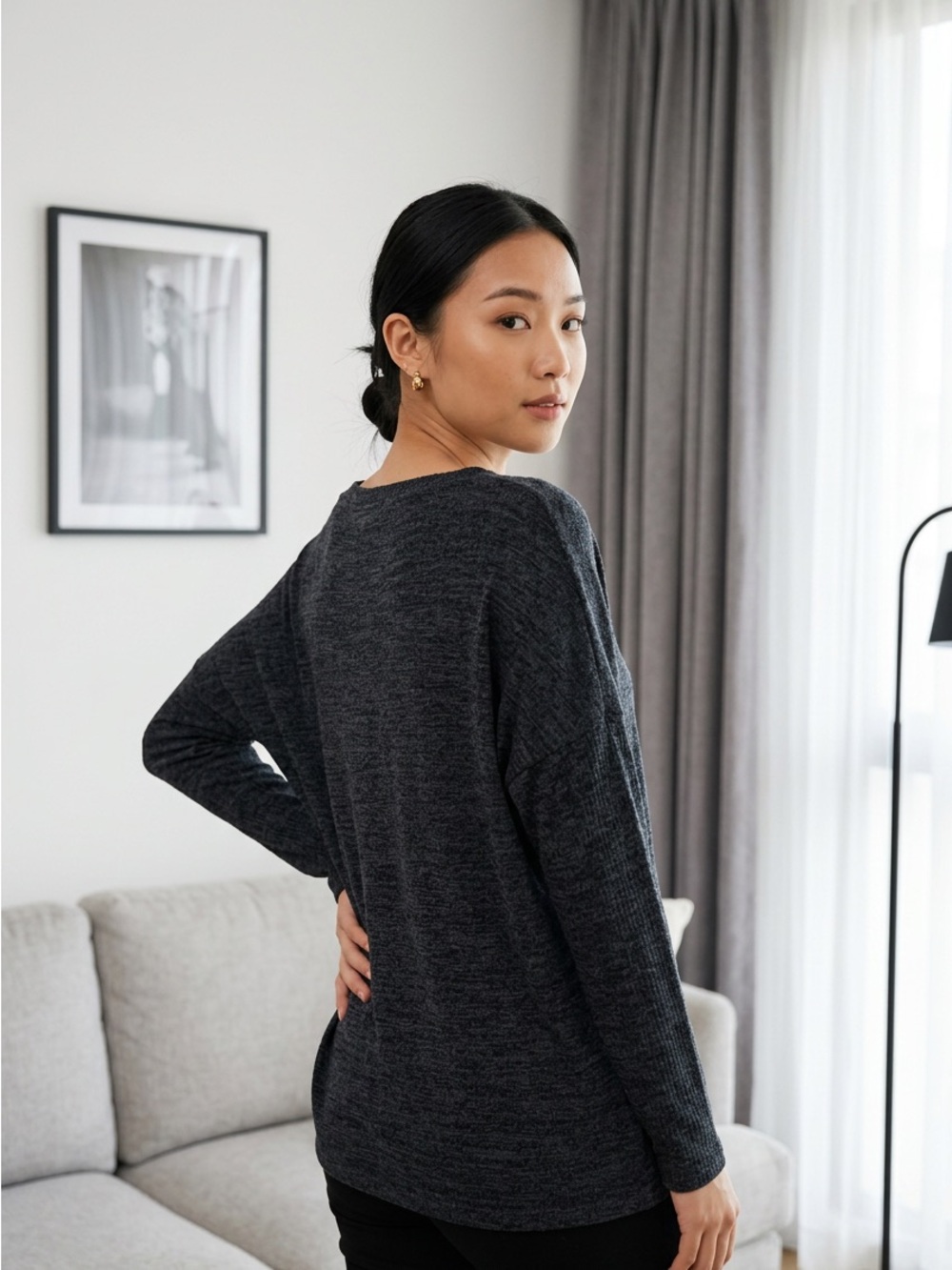 White House Black Market Navy Blue Black Heather Crewneck Pullover Sweater-M - Picture 2 of 10